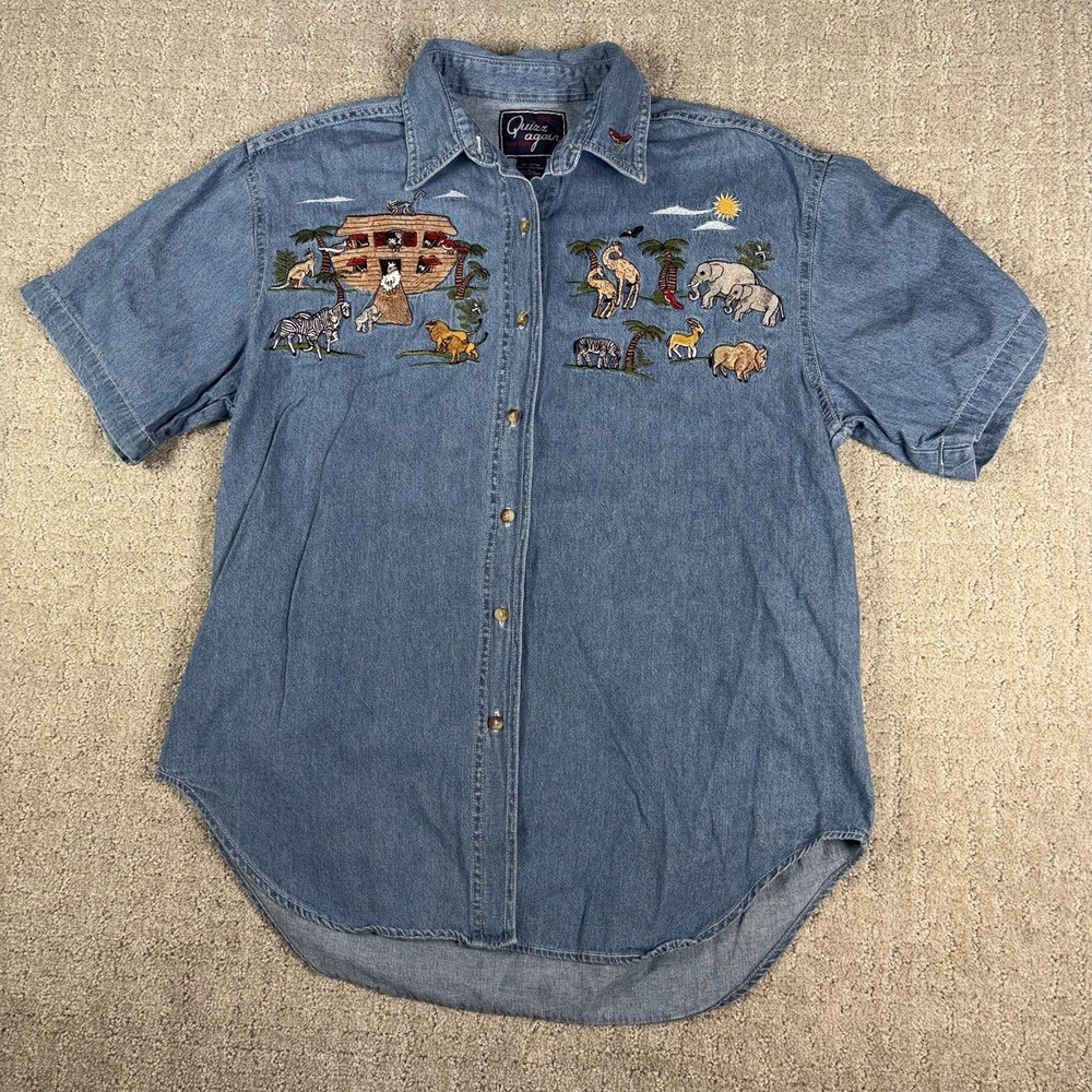 Vtg 90s Let's Quizz Again Noahs Ark Embroidered Denim Shirt L Chambray Cotton